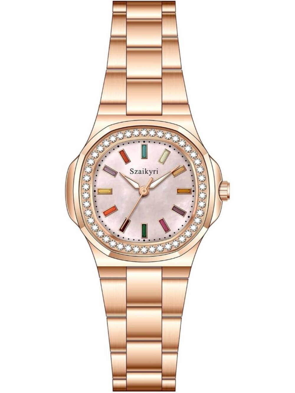 Women's Rose Gold Crystal Accented Solid Stainless Steel Band Dress Wrist Watch